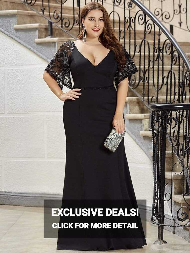 Sexy Plus Size Evening Dresses | Mermaid V neck with Lace Sleeves