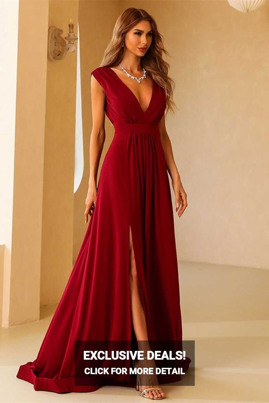 Sexy Red A-line Deep V Neck Long Party Dress – Dreamdressy