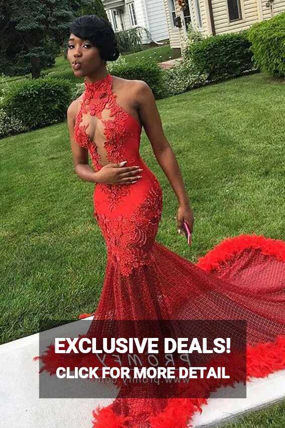 Sexy Red Lace Mesh Feather Long Train Prom Dress - Promfy