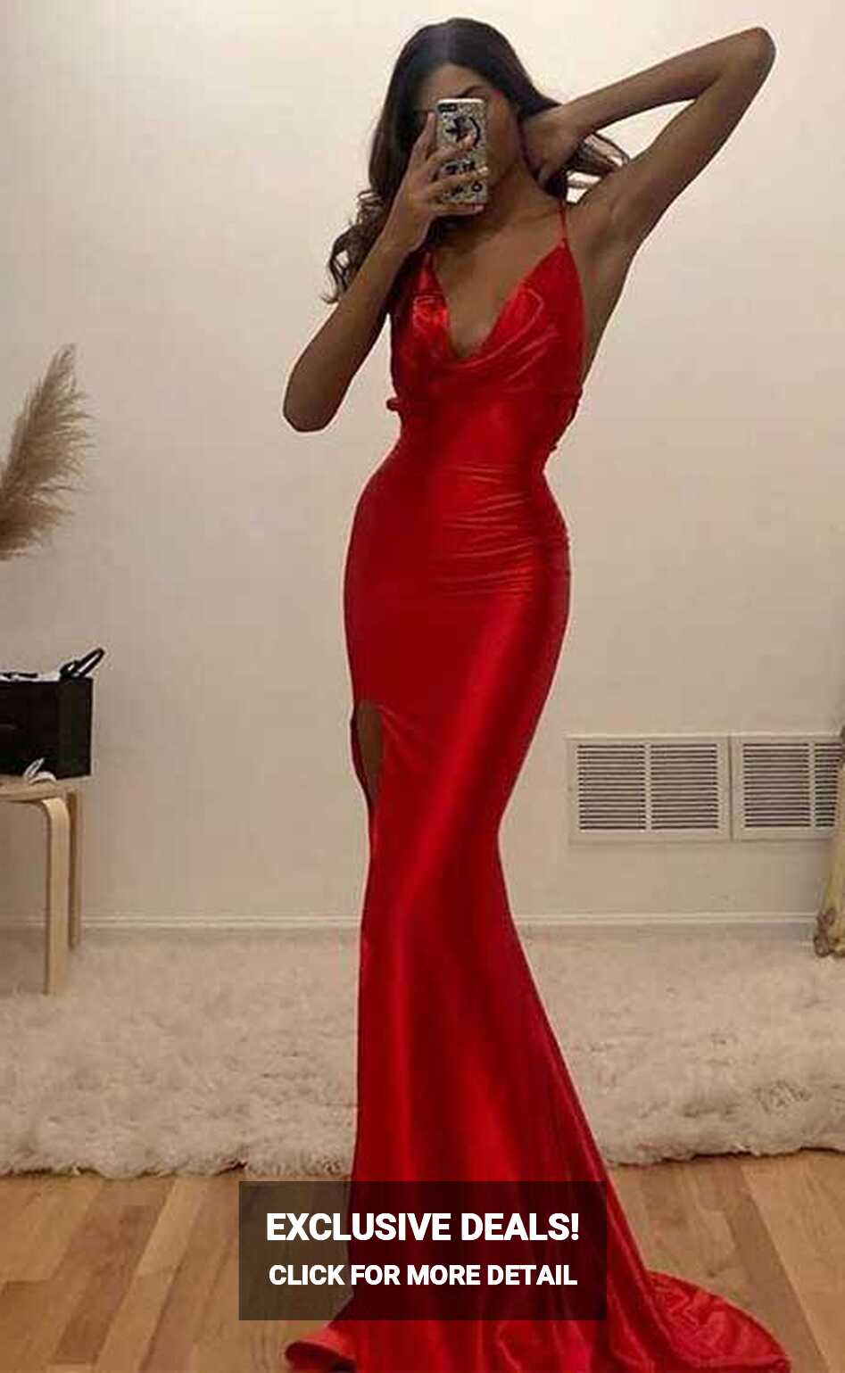 Sexy Red Mermaid V neck Prom Dresses, Long Tight Evening Dress ...