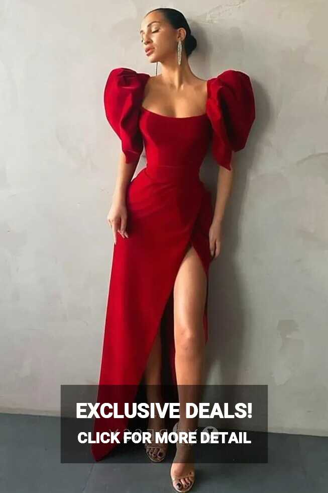 Sexy Red Satin Puff Sleeve Side Slit Tulip Party Dress - Xdressy