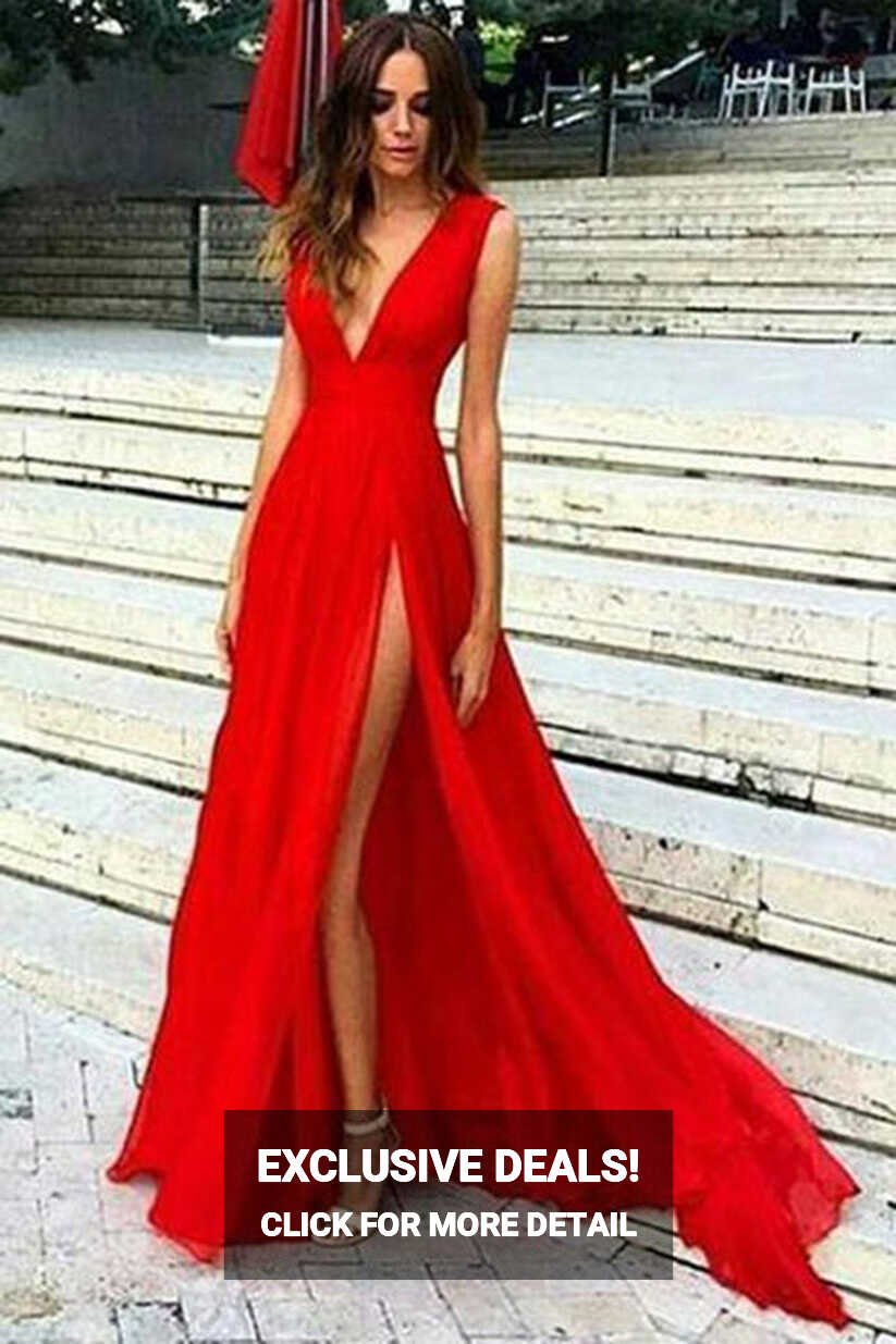 Sexy Red Split Deep V Neck Chiffon Evening Formal Dress JTA7331