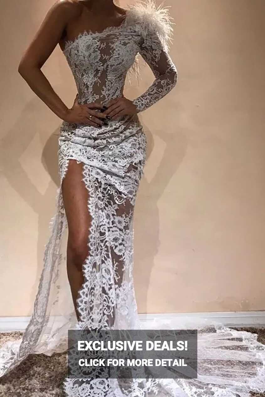 Sexy Sheer White Lace Feather One Sleeve Prom Dress - Promfy