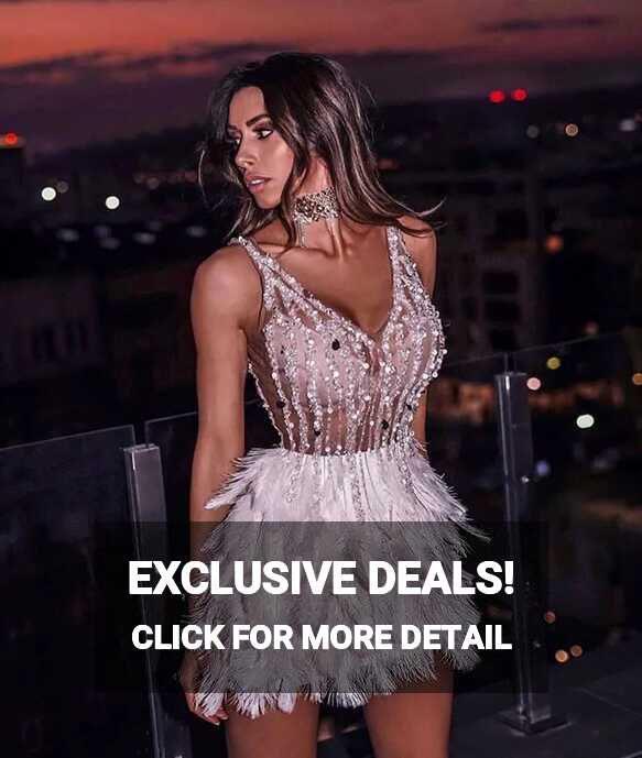 Sexy Short Feather Cocktail Dresses 2020 Beaded V Neck Prom Dress ...