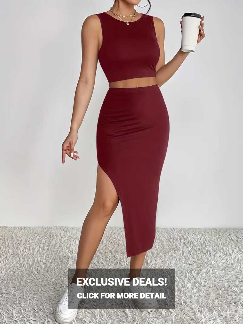 Sexy Solid Slim Two piece Skirt Set Crop Tank Top High Waist ...