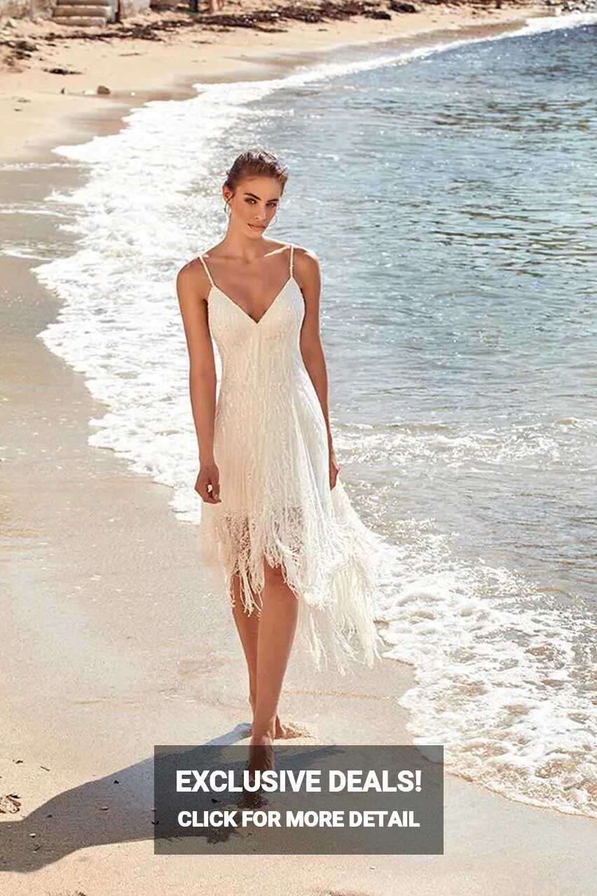 Sexy Spaghetti V Neck A Line Beach Wedding Dresses Lace Tassel ...