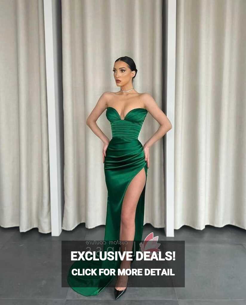 Sexy Sweetheart Draped Slit Green Satin Evening Prom Gown - Lunss