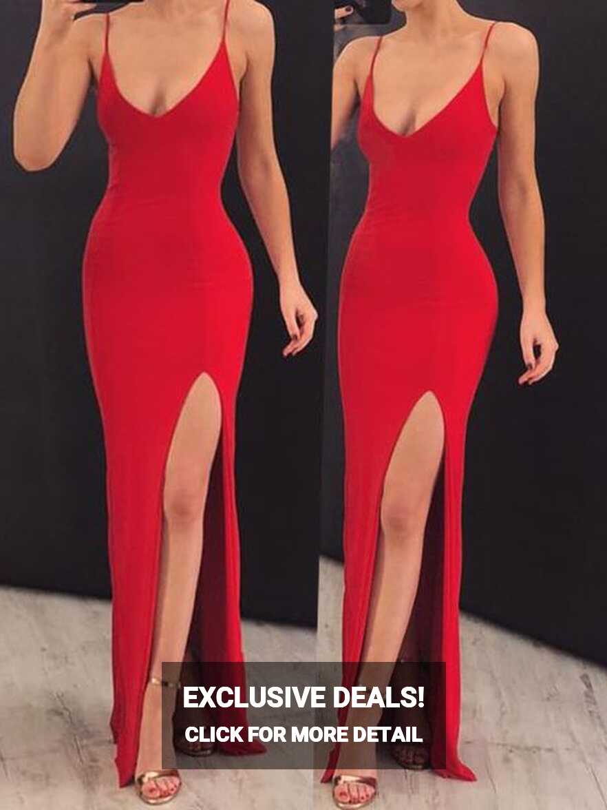 Sexy Tight Side Slit Bodycon Red Evening Dress Prom Dress