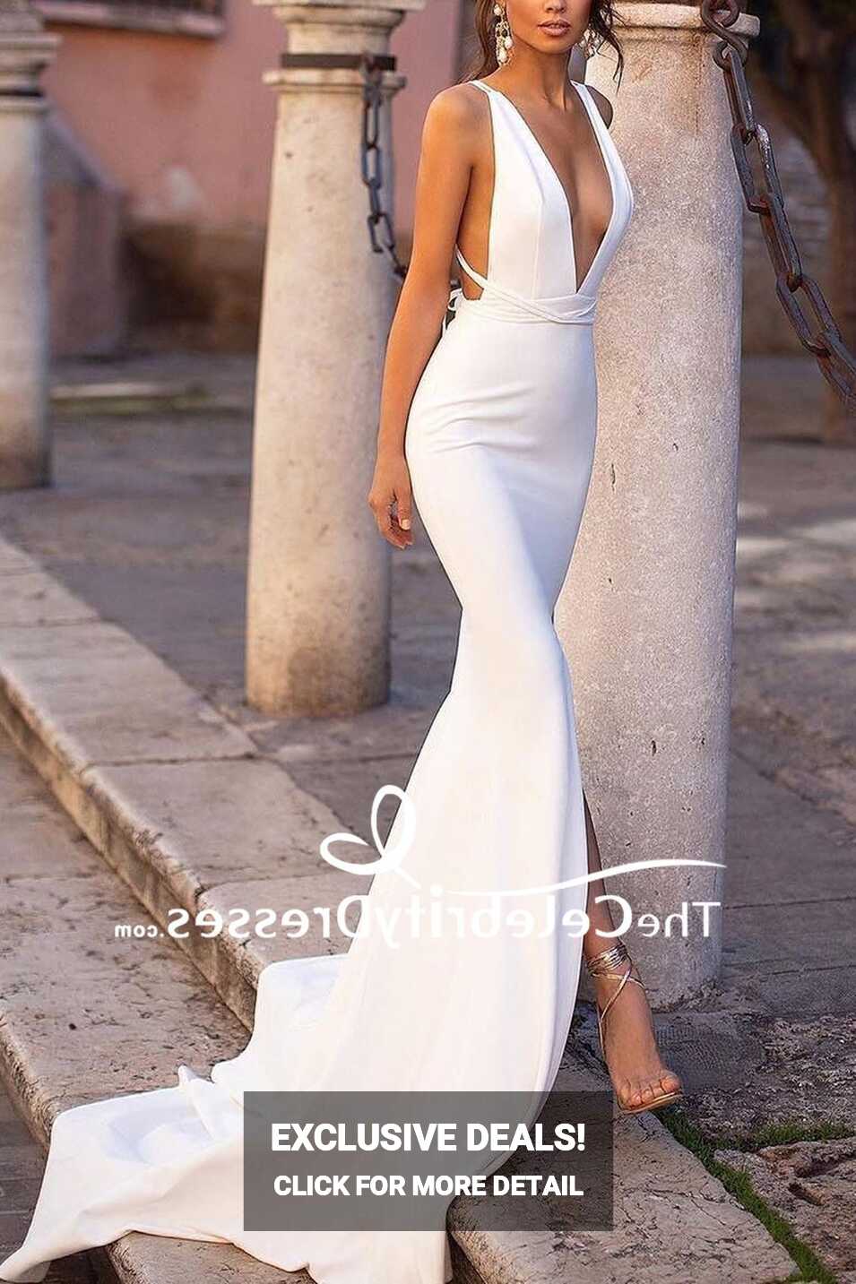 Sexy White Deep V-neck Slit Prom Dress - TheCelebrityDresses