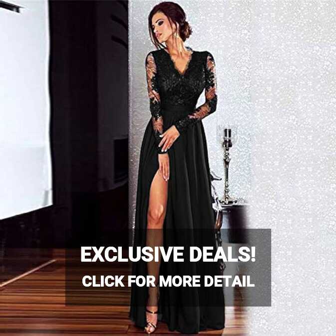 Sexy Women Lace Maxi Dress Deep V Neck Long Sleeve Side Split Slim ...