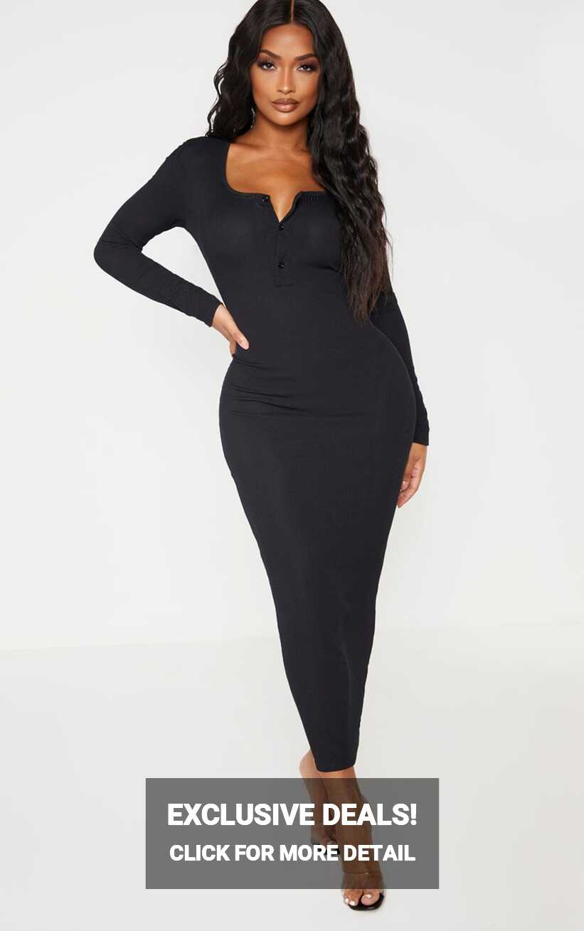 Shape Black Ribbed Button Front Long Sleeve Dress ...