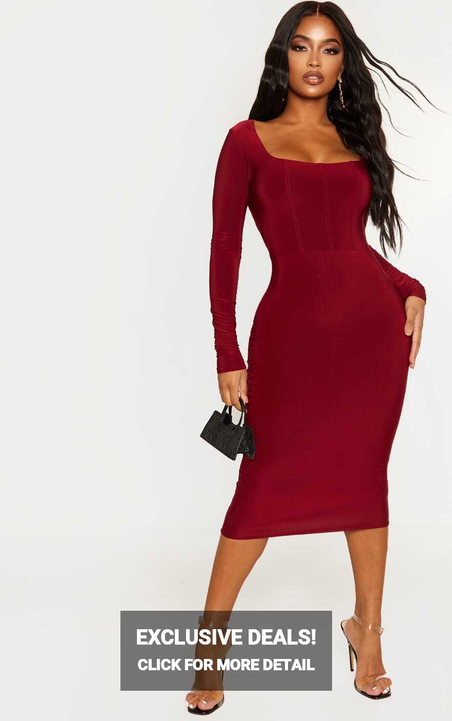 Shape Burgundy Slinky Panelled Midi Dress | PrettyLittleThing KSA