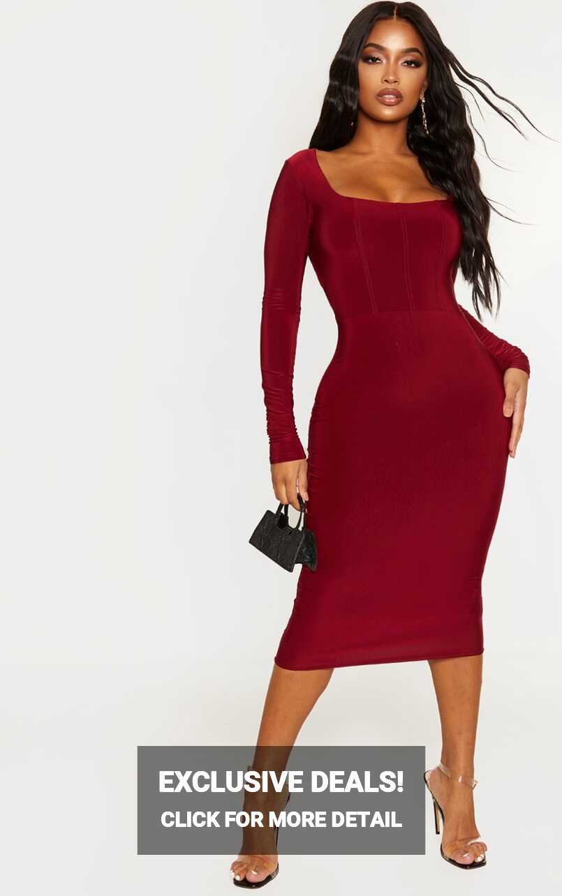 Shape Burgundy Slinky Panelled Midi Dress | PrettyLittleThing