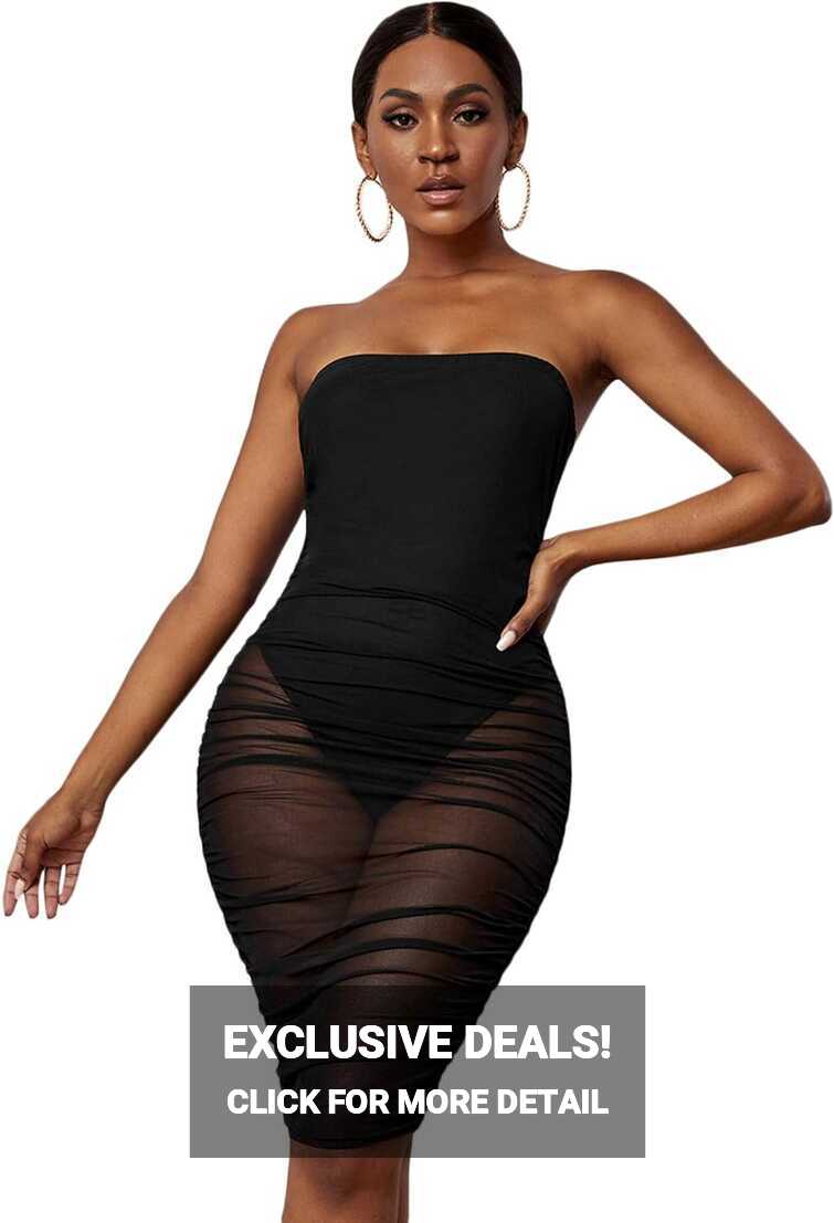 SheIn Mesh Ruched Bodycon Mini Dress, Strapless &amp; India | Ubuy