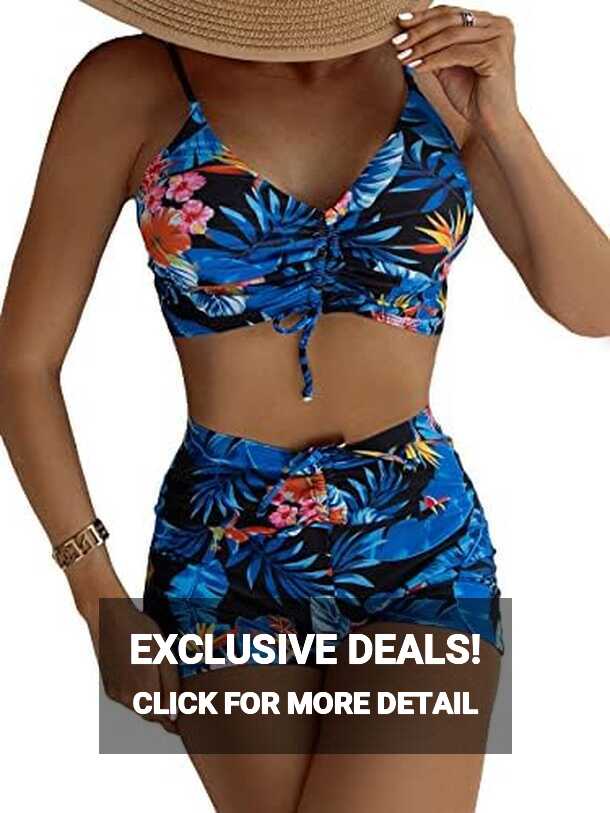 SheIn Women&#39;s 2 Piece Swimsuit Tropical Drawstring Bikini Top and ...