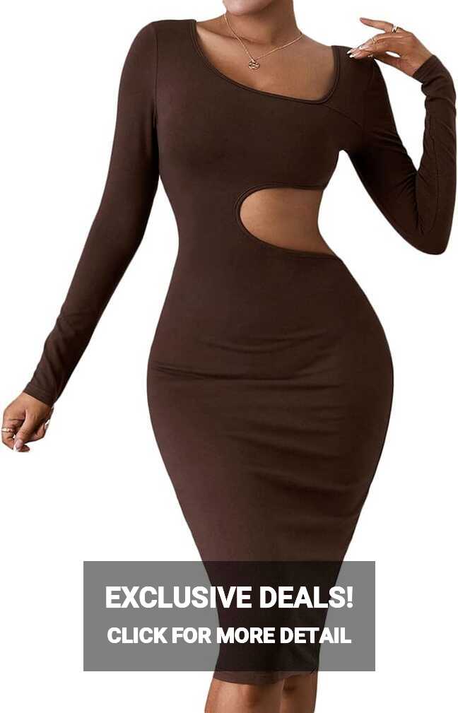 SheIn Women&#39;s Asymmetrical Neck Long Sleeve Cut Out Bodycon Pencil ...