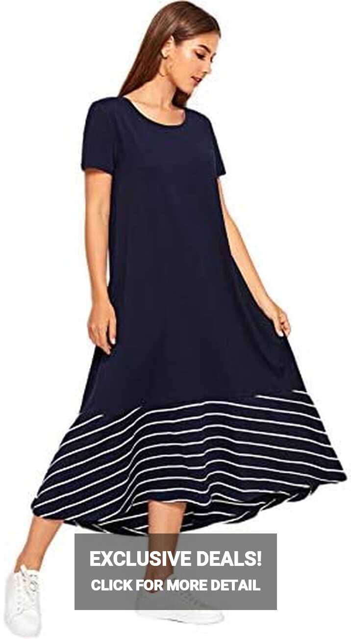 SheIn Women&#39;s Casual Round Neck Short Sleeve Striped Tunic Maxi ...