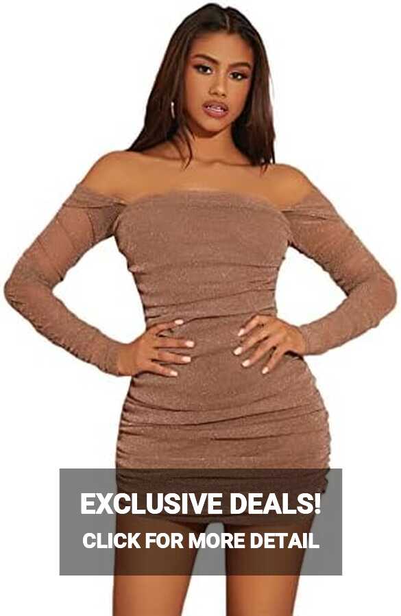 SheIn Women&#39;s Off Shoulder Glitter Ruched Mini Bodycon Dress Long ...