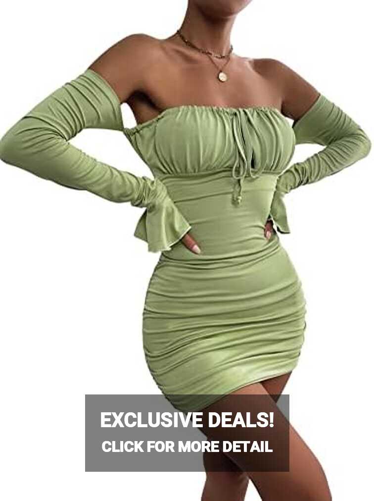 SheIn Women&#39;s Off Shoulder Ruched Mini Bodycon Dress Flounce Long ...