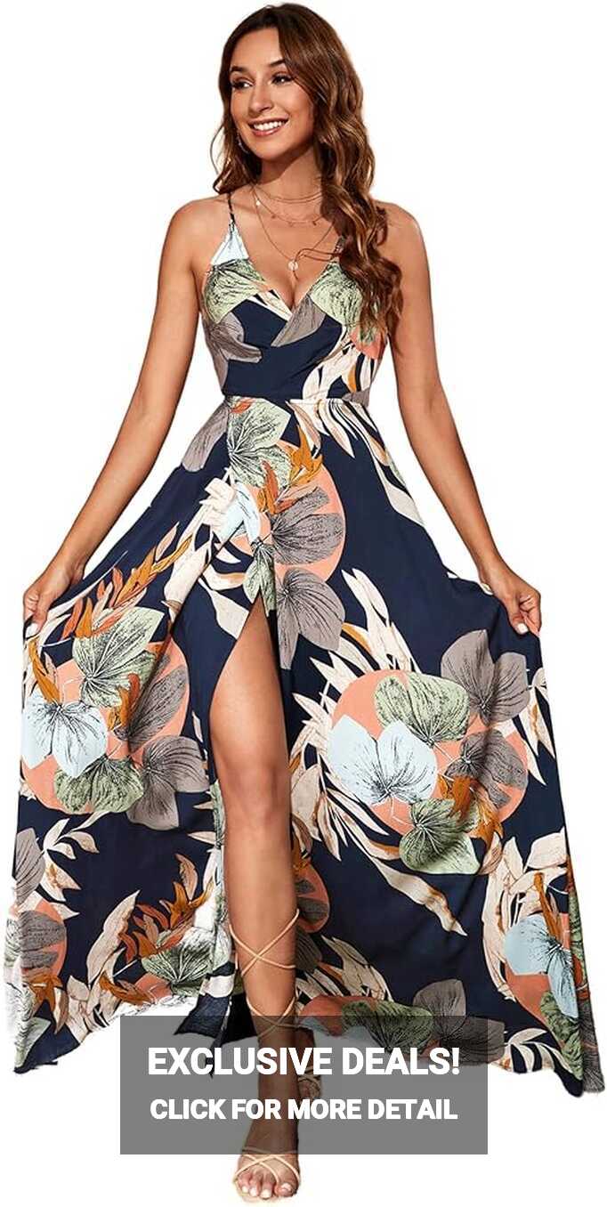 SheIn Women&#39;s Tropical Print Wrap Belted Maxi Dress V Neck ...