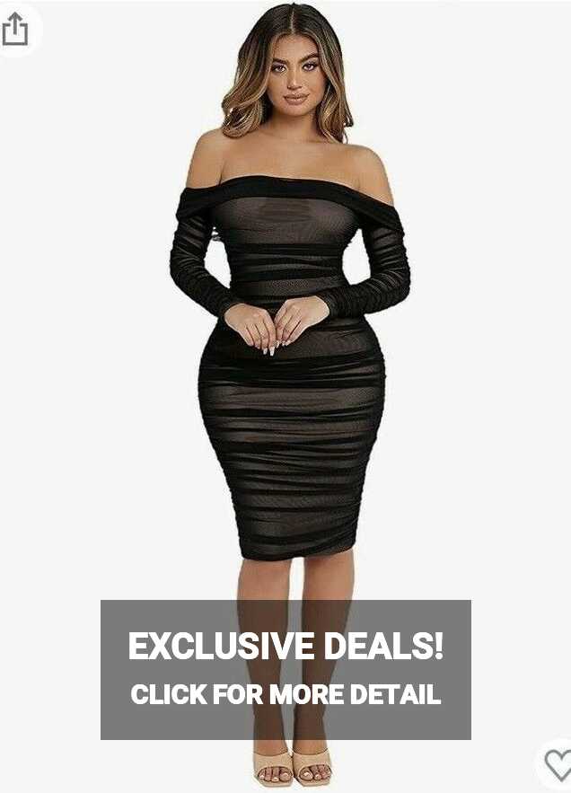 SheIn Womens Dress Bodycon Ruched Off Shoulder Long Sleeve Midi ...