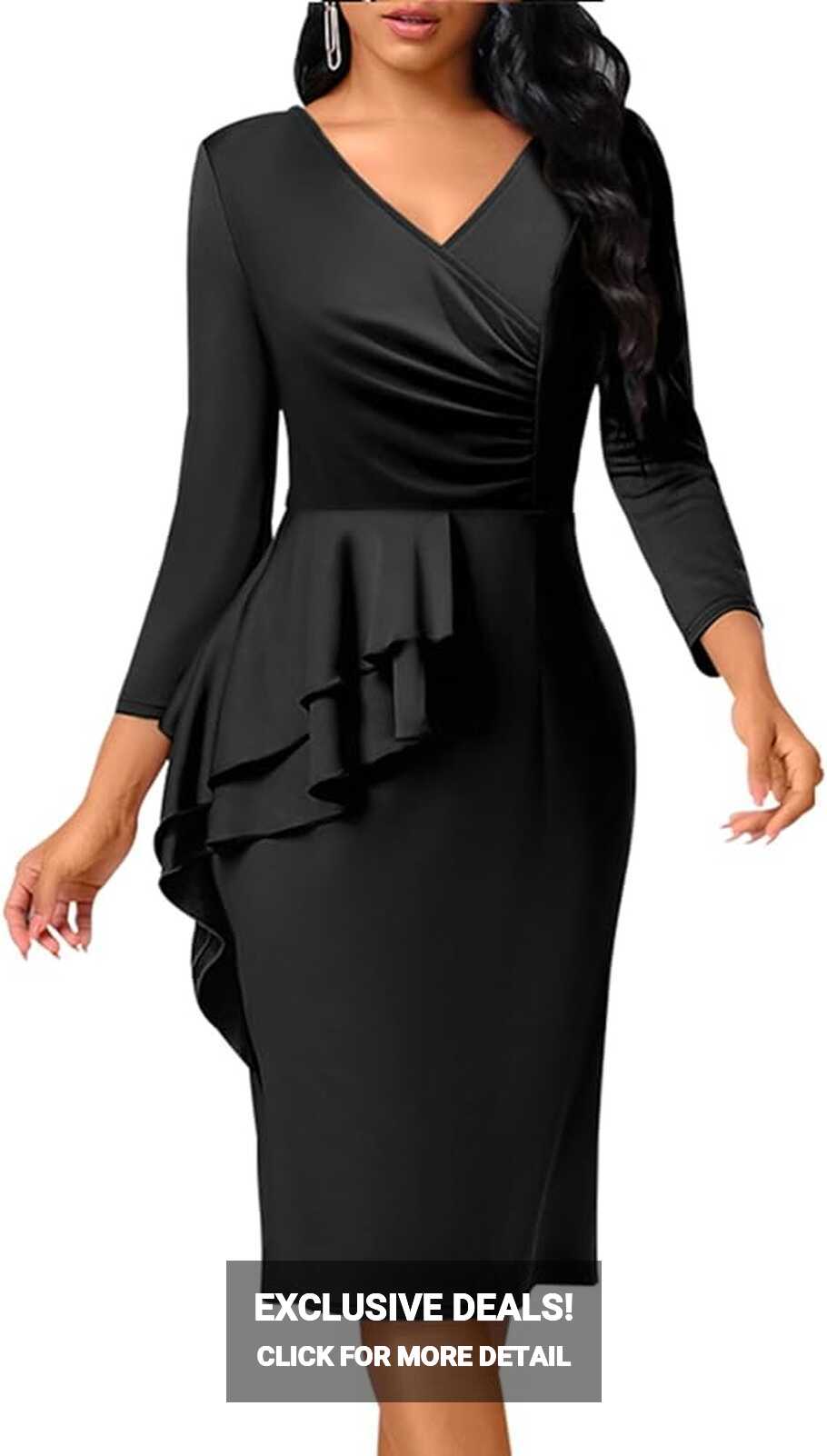 SheKiss Womens Casual Funeral Black Dress Ruched Knee Length Three ...