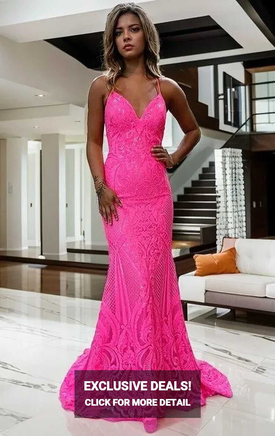 Sheath/Column V-neck Sweep Train Neon Pink Prom Dress, Size 6, NWT ...