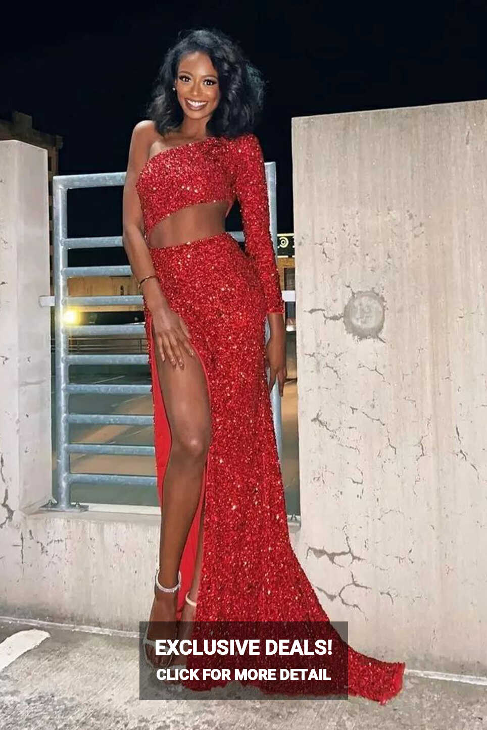 Sheath One Shoulder Red Sequins Long Prom Dress with Silt | KissProm