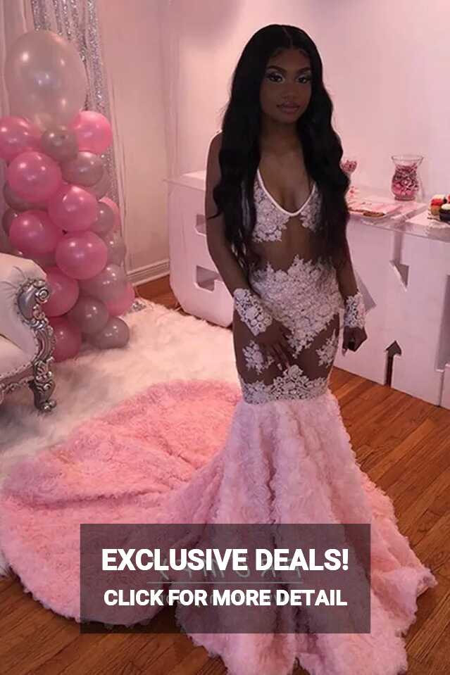 Sheer Lace Bodice 3D Rose Long Train Pink Prom Gown - Promfy