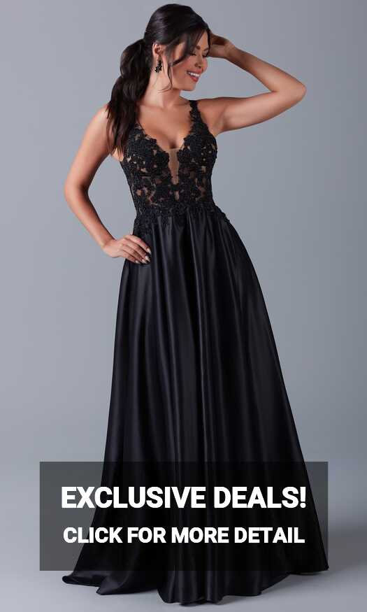 Sheer-Lace-Bodice Long Black A-Line Formal Dress