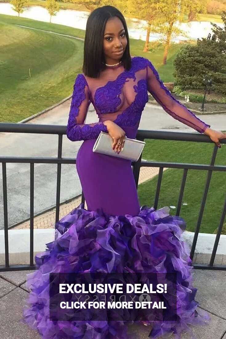 Sheer Lace Long Sleeve Ruffled Purple Prom Gown - Xdressy