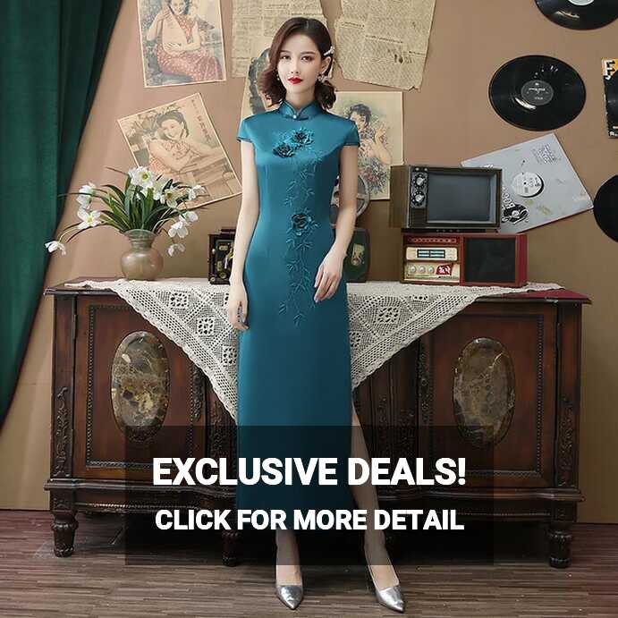 Sheng Coco Woman Embroidered Modern Cheongsam Green Silk Elegant ...