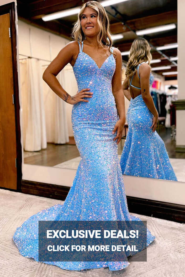 Shimmering Light Blue Sequin Mermaid Prom Dress with Spaghetti ...