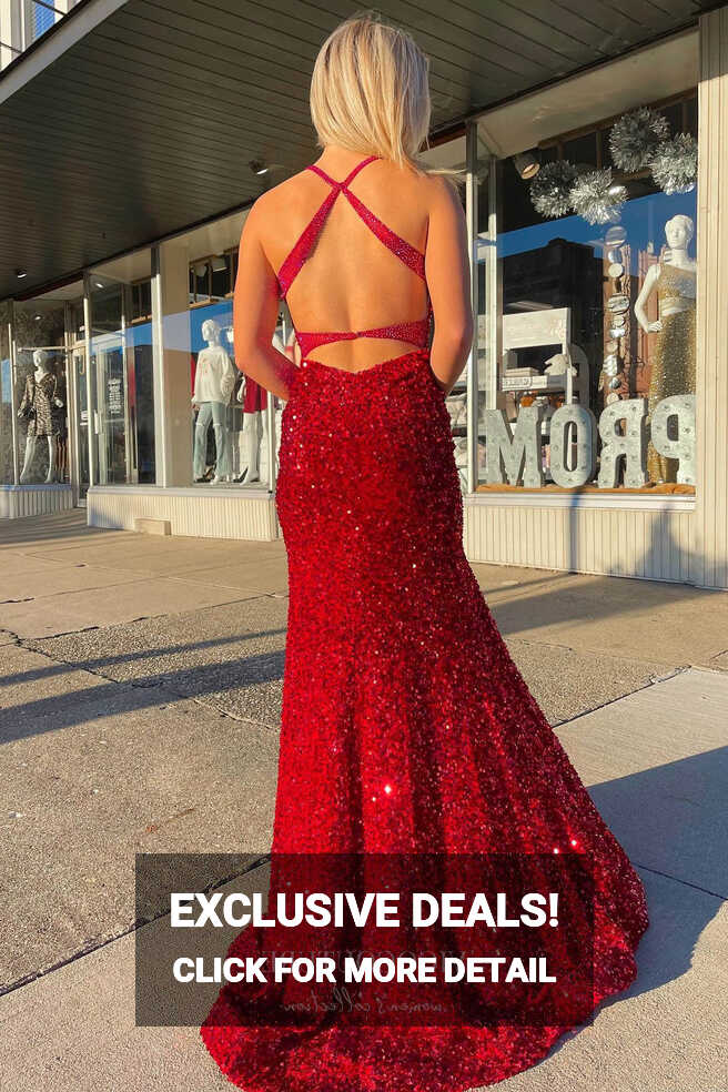 Shimmering Red Sequin Mermaid Prom Dress with Plunging V-Neck and ...