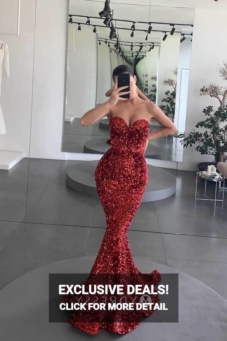 Shining Dark Red Sequin Sweetheart Neck Mermaid Dress - Xdressy