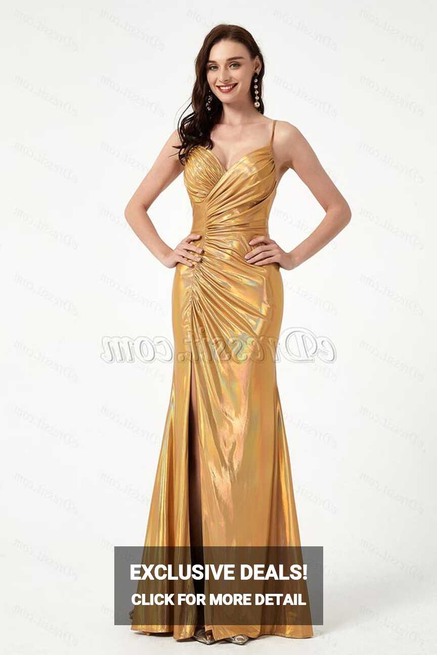 Shiny Gold-Yellow Pleated Elegant Party Evening Dress (00204503 ...