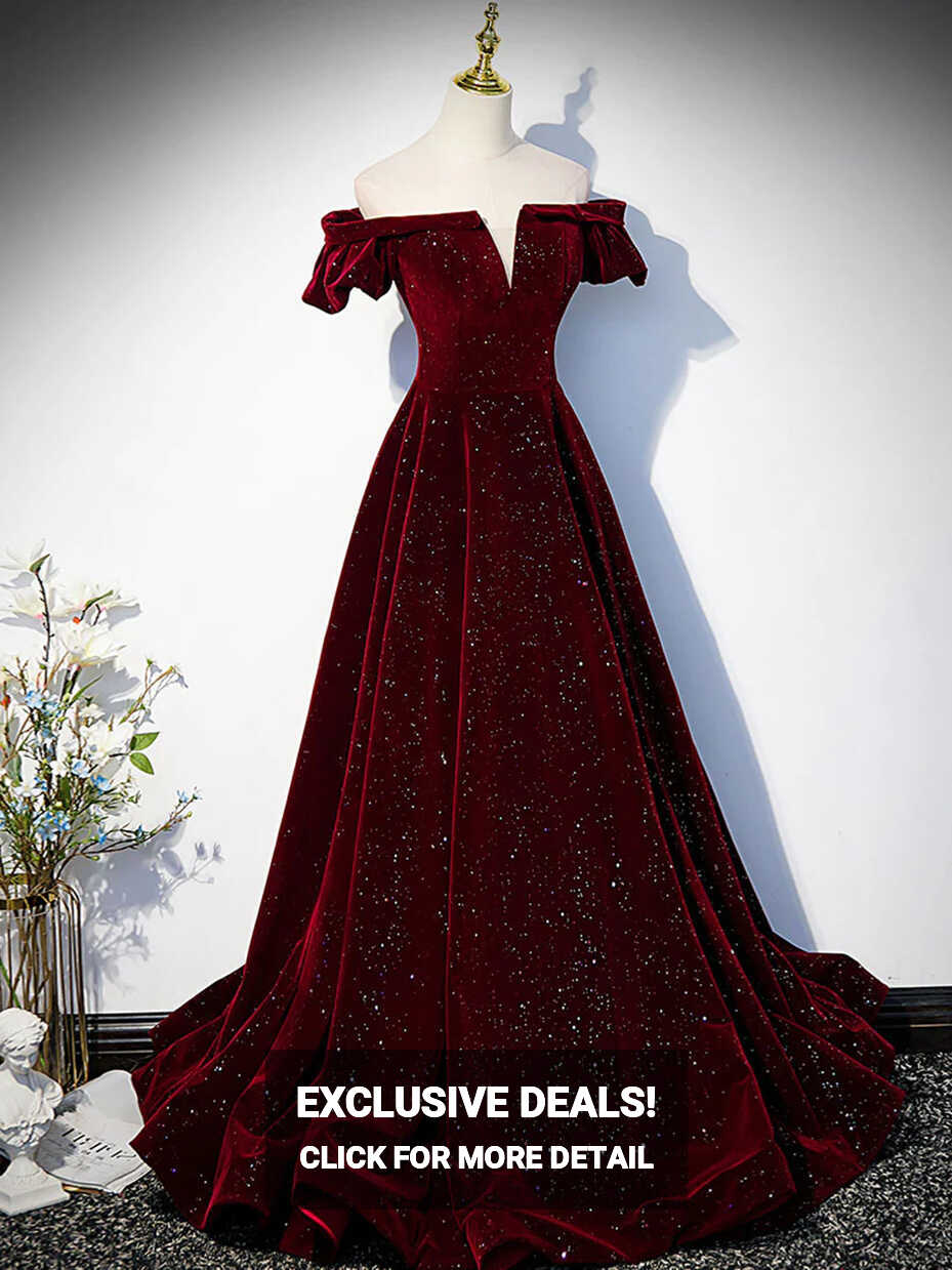 Shiny Off the Shoulder Burgundy Long Prom Dresses, Off Shoulder ...