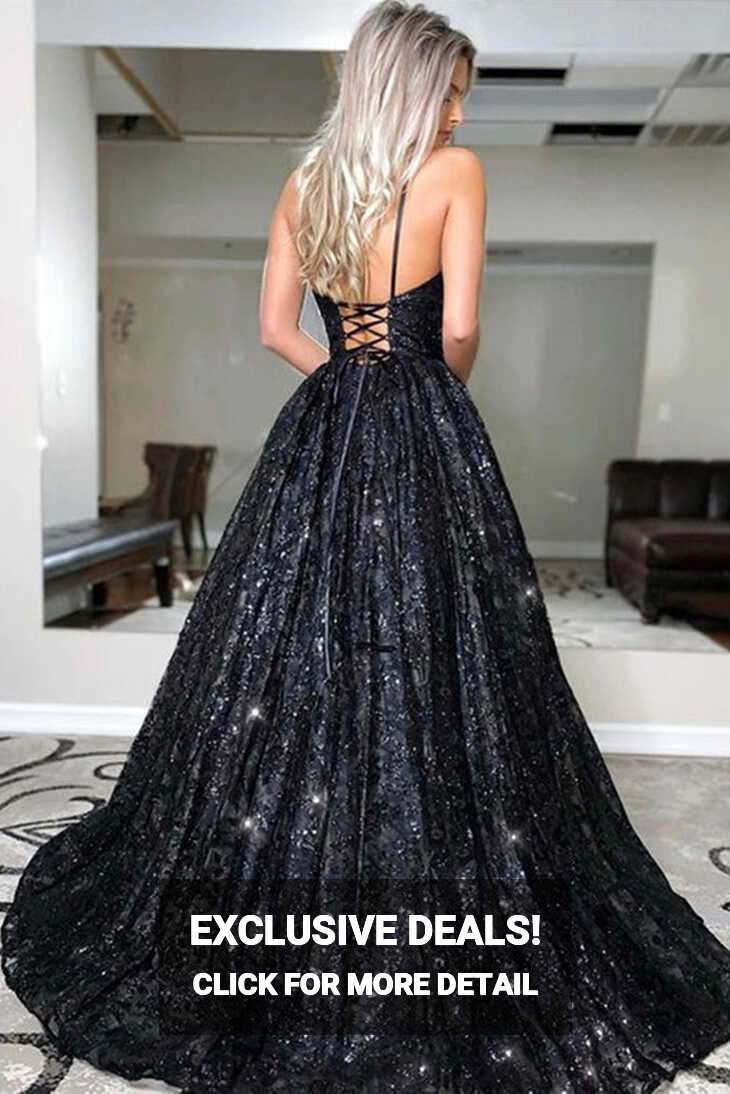 Shiny Sequins A Line V Neck Open Back Black Long Prom Dress ...