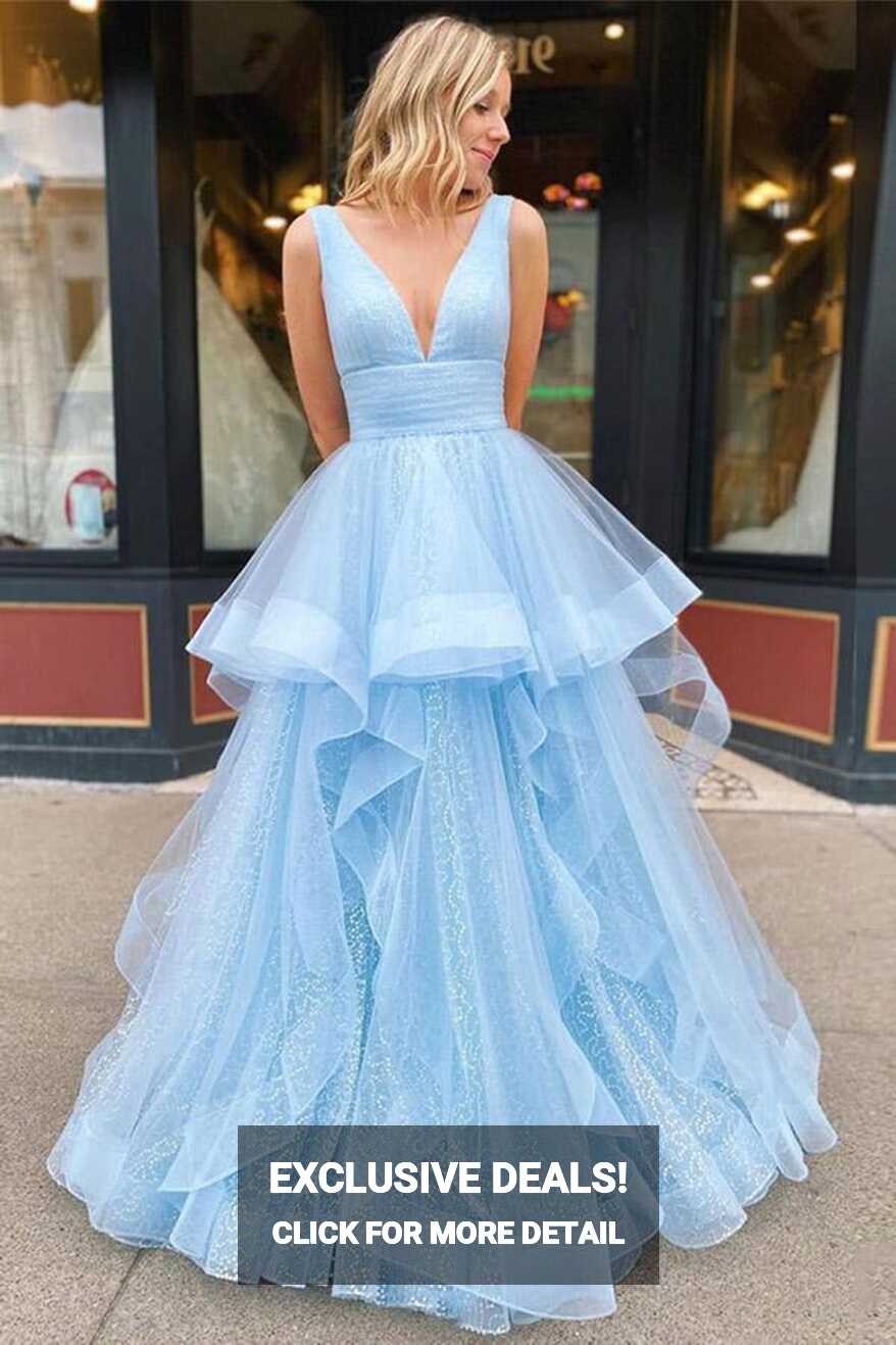 Shiny V Neck and V Back Light Blue Tulle Long Prom Dresses, Puffy ...