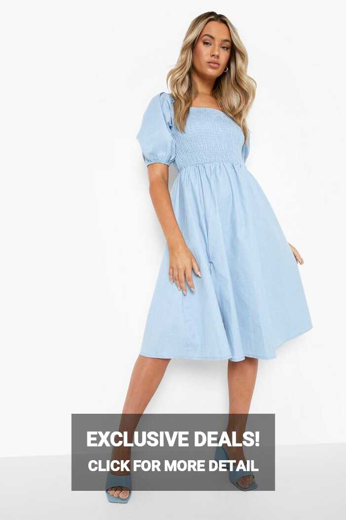 Shirred Split Hem Chambray Midi Dress | boohoo DK