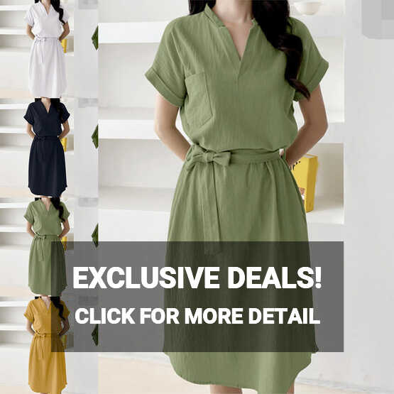 Shirt Dress Solid Color V Neck Knee Length Short Sleeve Belt Women ...