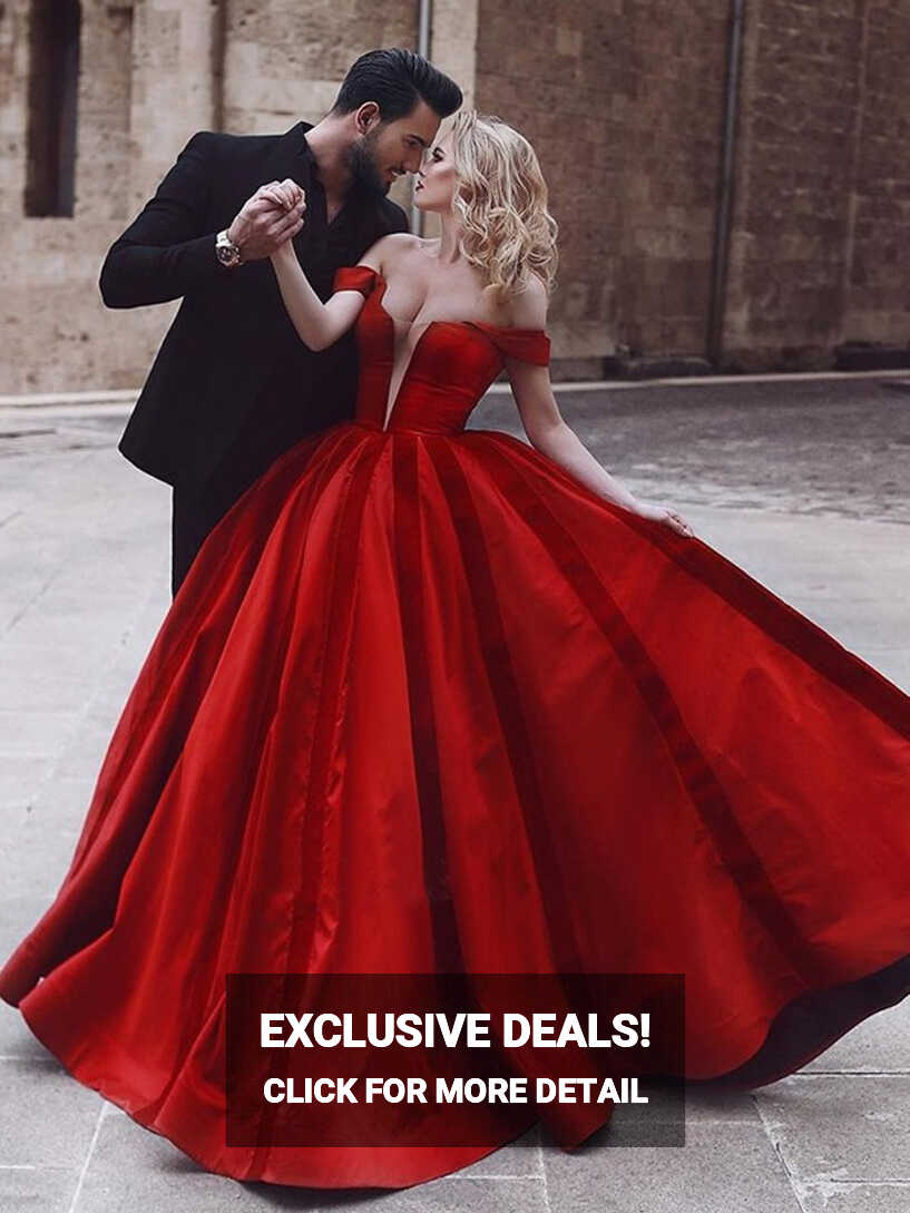 Shop 2019 Ball Gown Dark Red Off-the-Shoulder Ruffles Satin Prom Dress