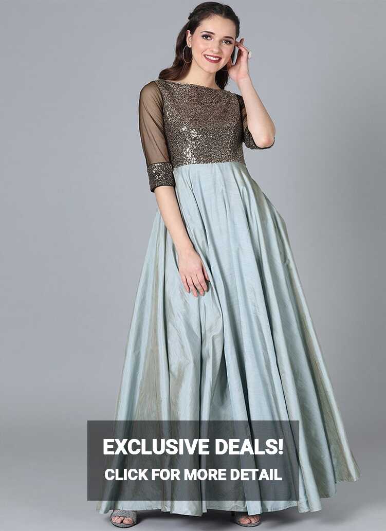 Shop Grey Classic Full Flared Boat Neck Style Gown Festive Wear ...