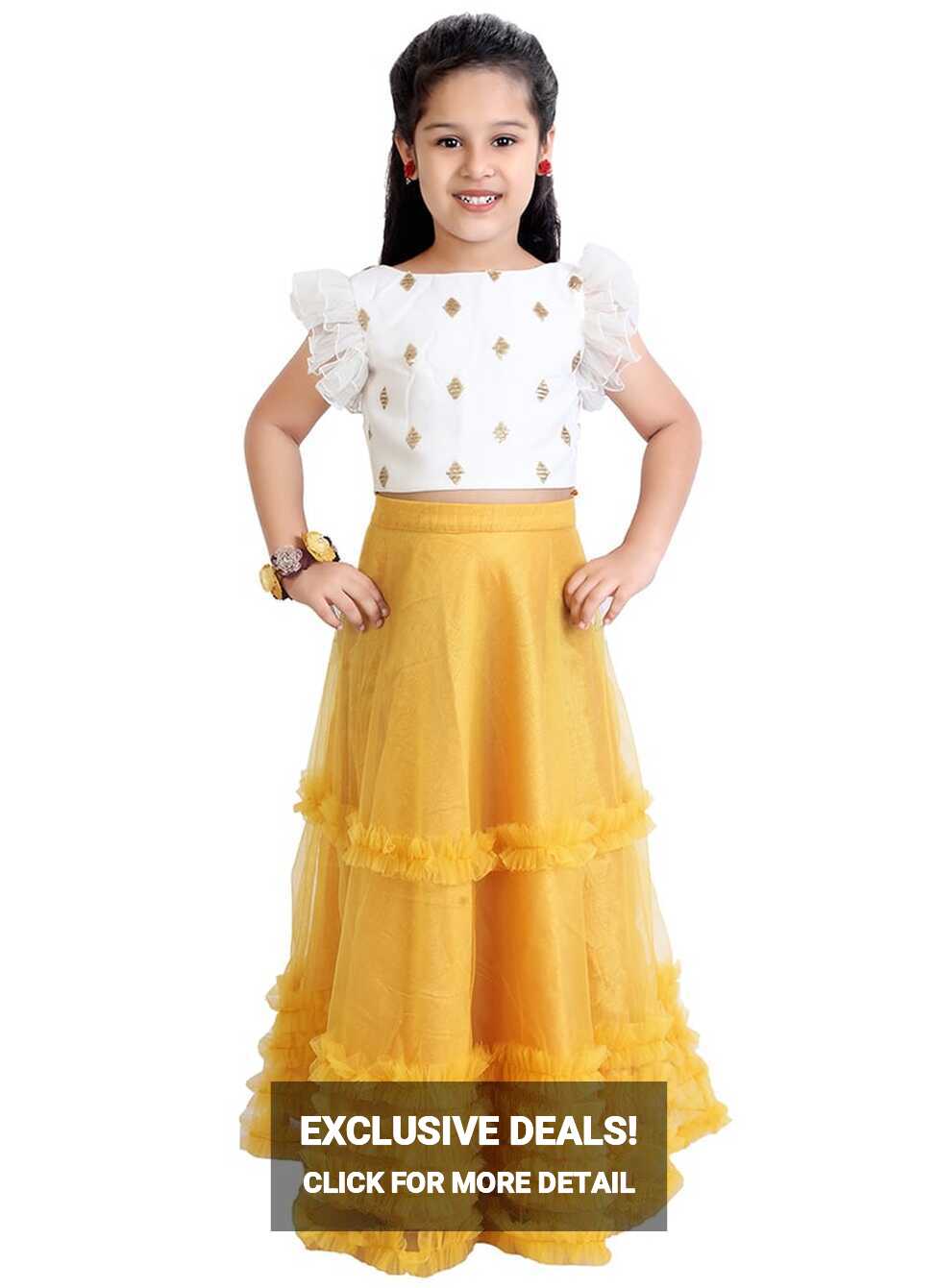 Shop Kids Girls Mustard N White Embroidered Skirt Set Festive Wear ...