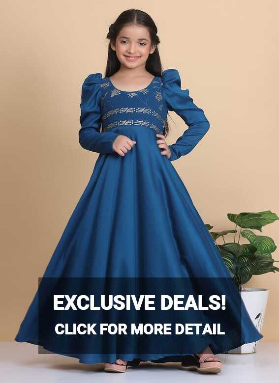 Shop Kids Girls Teal Blue Georgette Embroidered Gown Party Wear ...