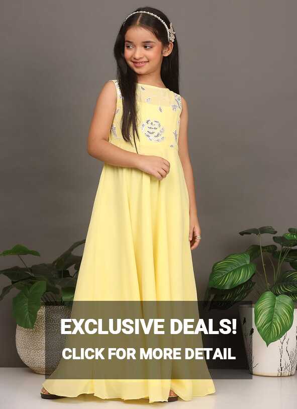 Shop Kids Girls Yellow Georgette Embroidered Boat Neck Gown Party ...