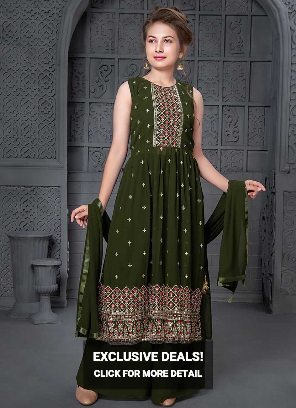 Shop Mehndi Green Georgette Embroidery Palazzo Suit Online at Best ...