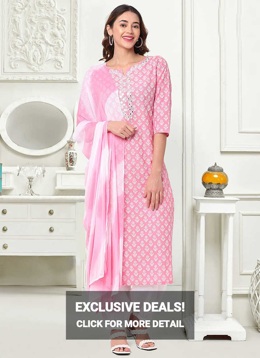 Shop Pink N White Cotton Printed Semi Palazzo Suit Work Wear ...