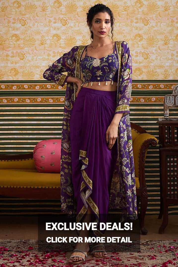 Shop Purple Mehr Printed Bustier &amp; Skirt with Jacket Set by SOUP ...