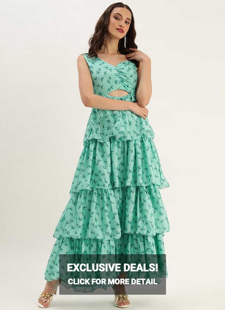 Shop Teen Girls Green Chinon Digital Printed Layered Gown Party ...